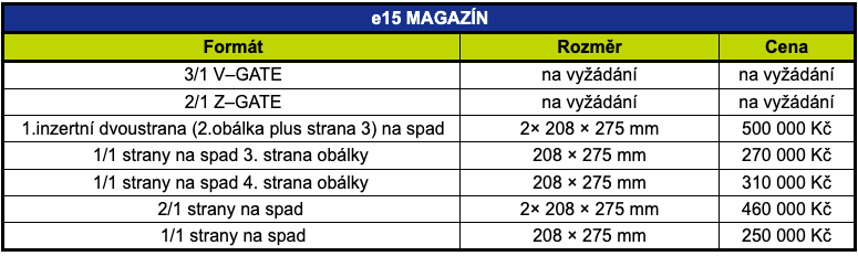 ceník 2026 e15 magazín